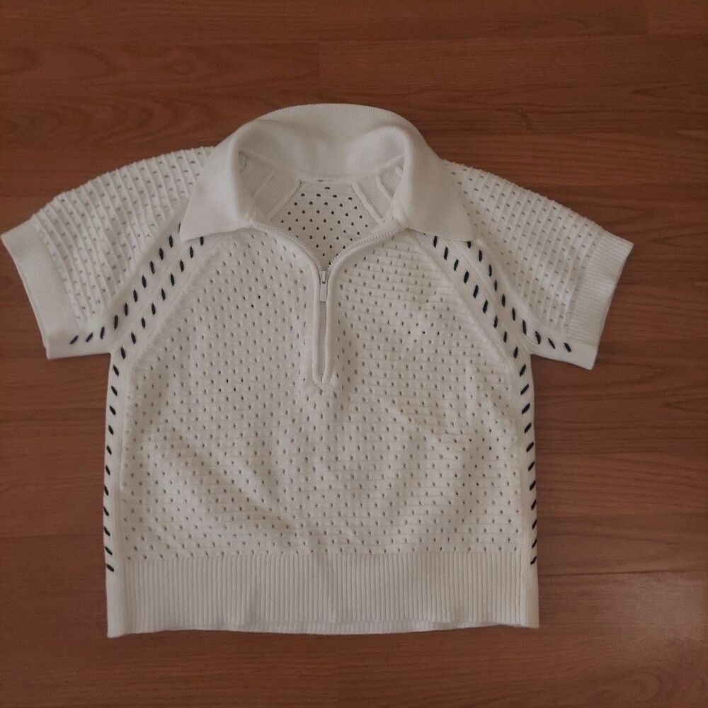 Lou & Grey Mesh Zip Stitch Knit Sweater White Short Sleeve (Estimated) Sz Small